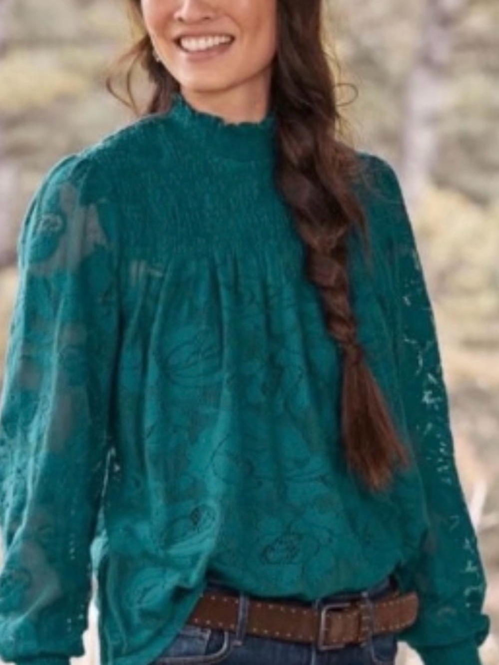 Sundance Dorina Teal Smocked Yoke Blouse size M.